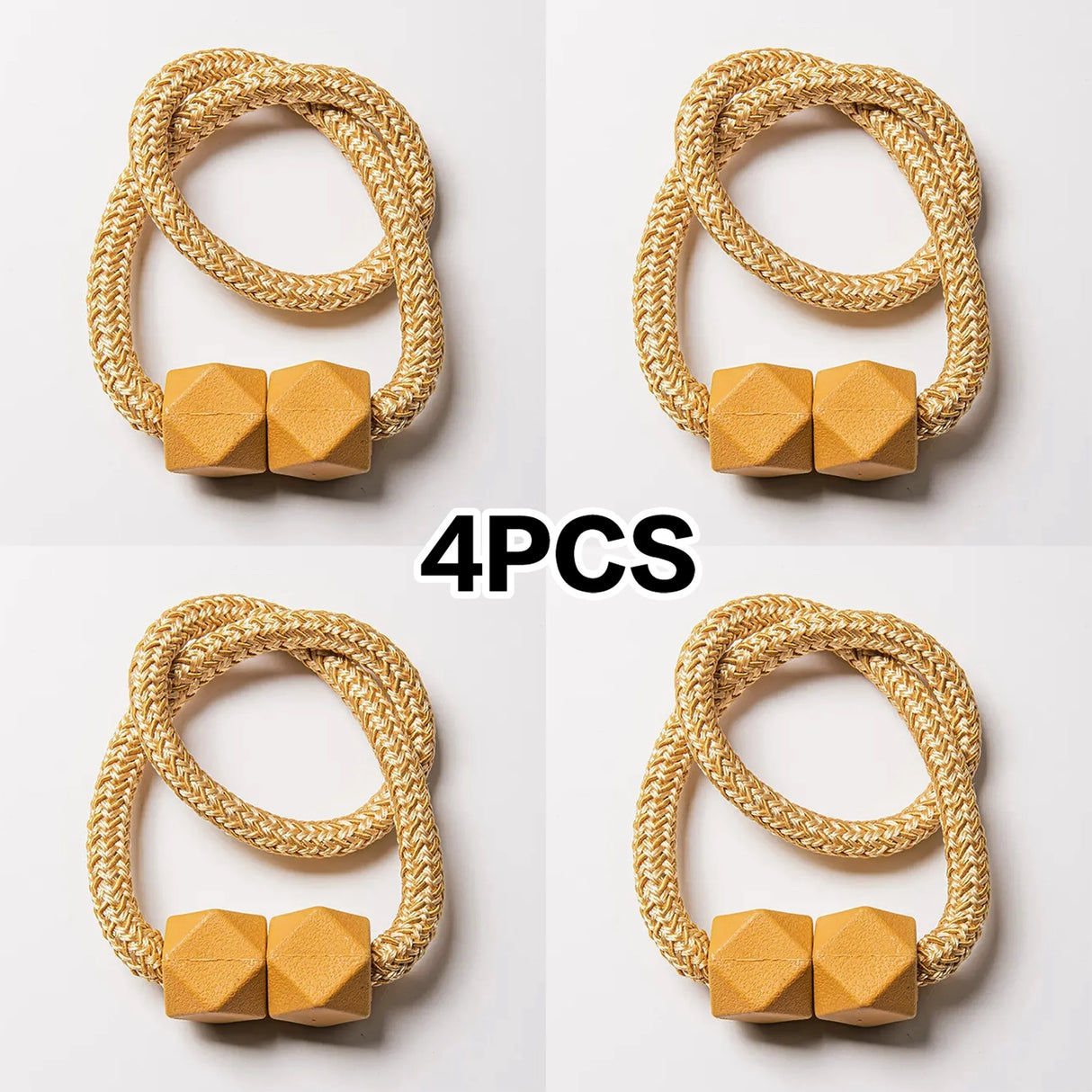 Set of 4 magnetic curtain tiebacks with thick rope design in a living room
