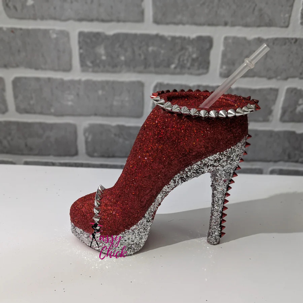 Red Silver Stiletto Tumbler Cup Sassy Chick Logo