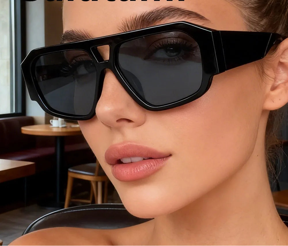Women’s vintage square sunglasses with double beam frame, black gradient lens, and UV400 outdoor fashion eyewear.