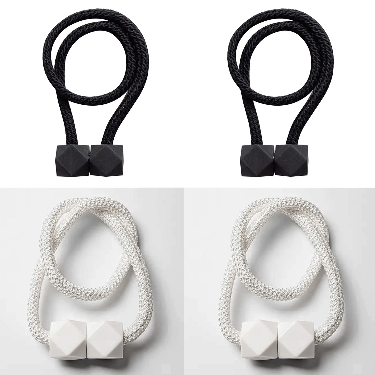 Set of 4 magnetic curtain tiebacks with thick rope design in a living room