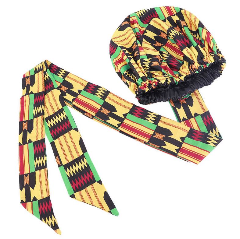 African Print Satin Bonnet with Long Ribbon Head Wrap