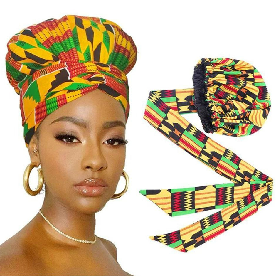 African Print Satin Bonnet with Long Ribbon Head Wrap - Shop Sassy Chick