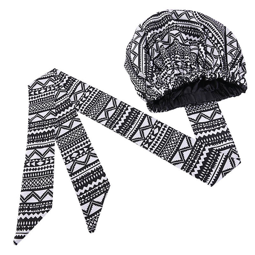 African Print Satin Bonnet with Long Ribbon Head Wrap
