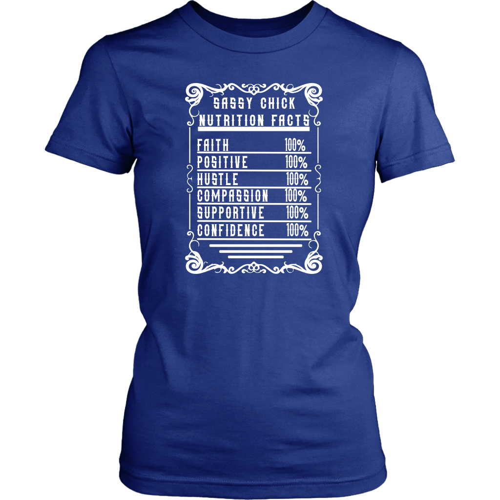 Sassy Chick Nutrition Facts Women's Unisex T-Shirt | Shop Sassy Chick - Blue