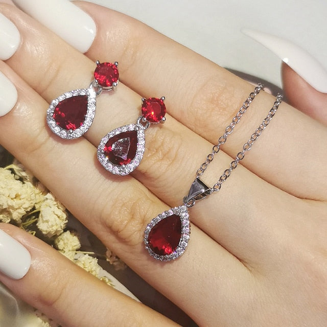 Red 925 Sterling Silver Jewelry Set