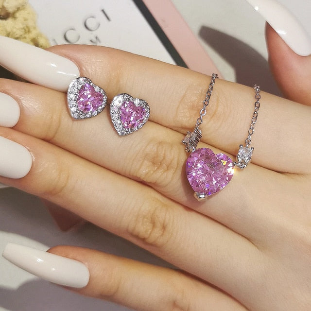 Heart design pink 925 Sterling Silver Jewelry Set