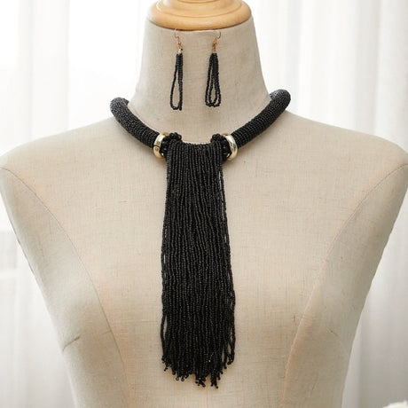 Black Long Tassel Beads Necklace
