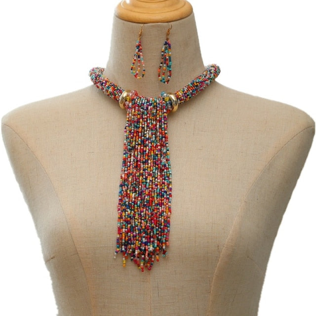 Multicolor Long Tassel Beads Necklace