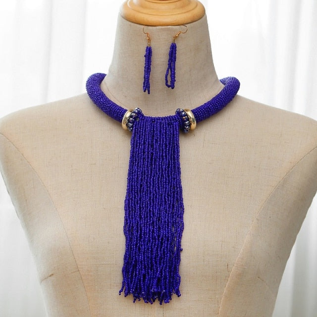Blue Long Tassel Beads Necklace