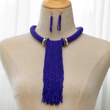 Blue Long Tassel Beads Necklace