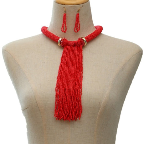 Red Long Tassel Beads Necklace