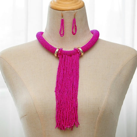 Pink Long Tassel Beads Necklace
