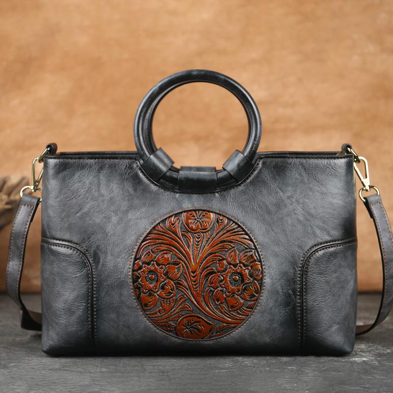 Grey Retro High-Quality Leather Handbag