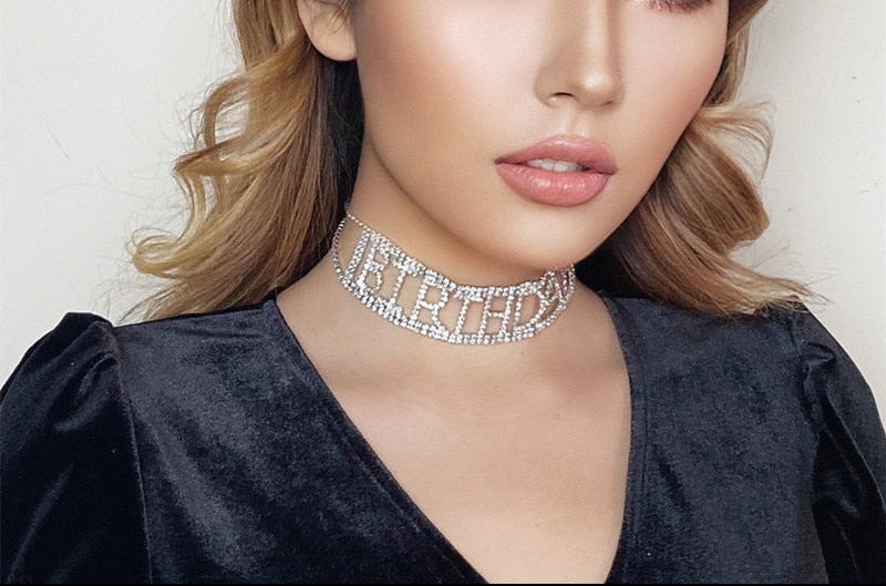 Model using Rhinestone Letter Choker