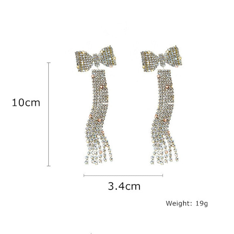 Long Tassel Bowknot Rhinestone Drop Earrings