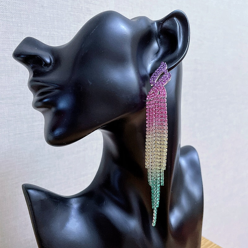 Sparkling Rhinestone Long Tassel Dangle Earring