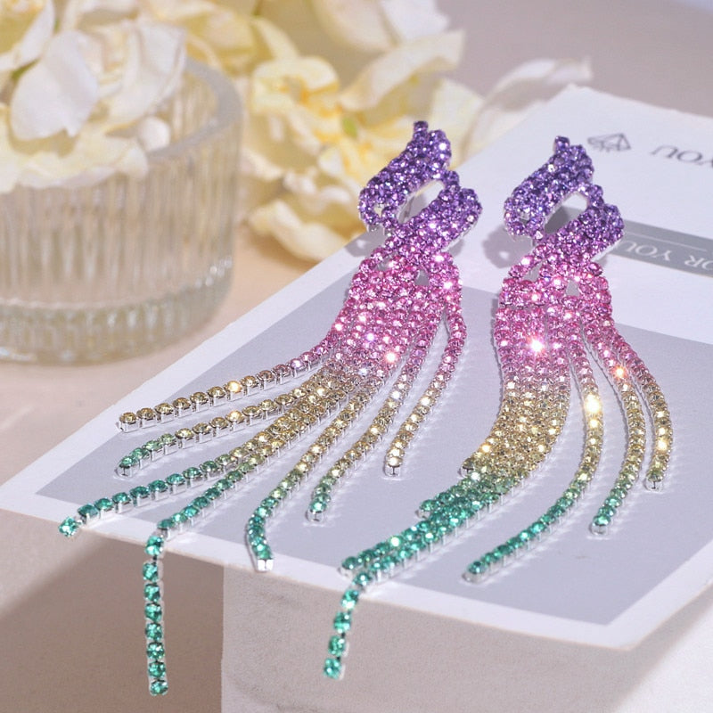 Sparkling Rhinestone Long Tassel Dangle Earring