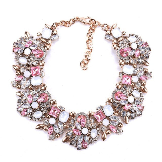Pink white Statement Crystal Bib Necklace