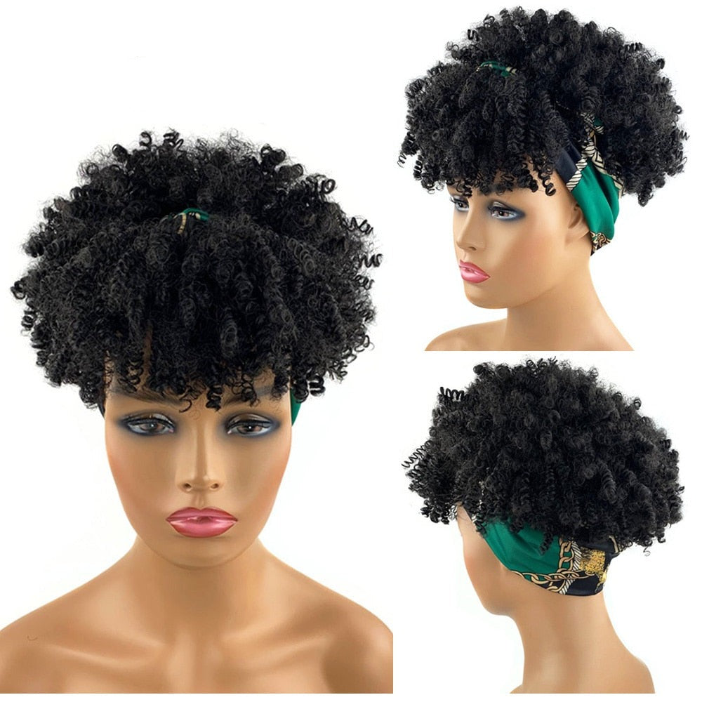Curly Black Turban Cap Wig Headscarves
