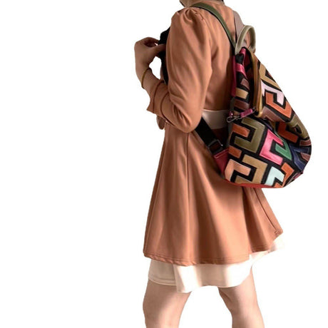Model Using Vintage Genuine Leather Back Bag with Patchwork