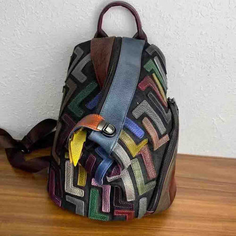 Vintage Genuine Leather Back Bag with Patchwork