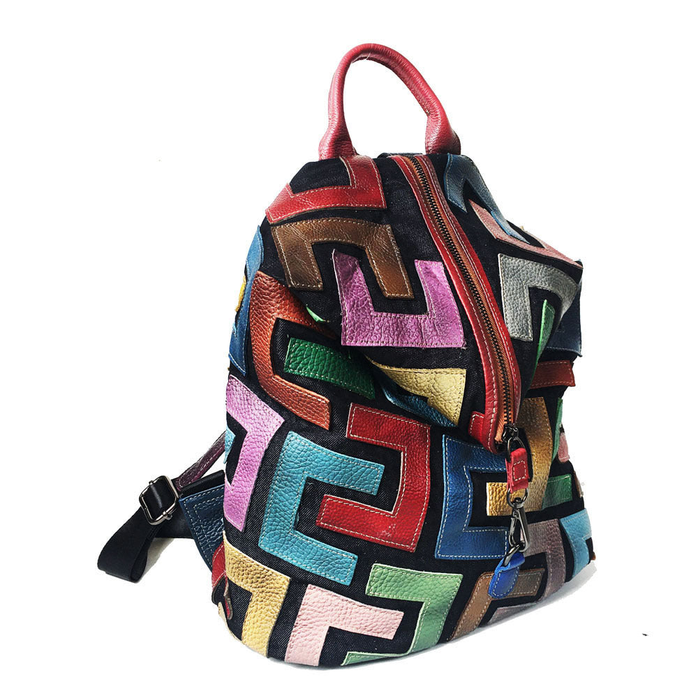 Vintage Genuine Leather Back Bag with Patchwork