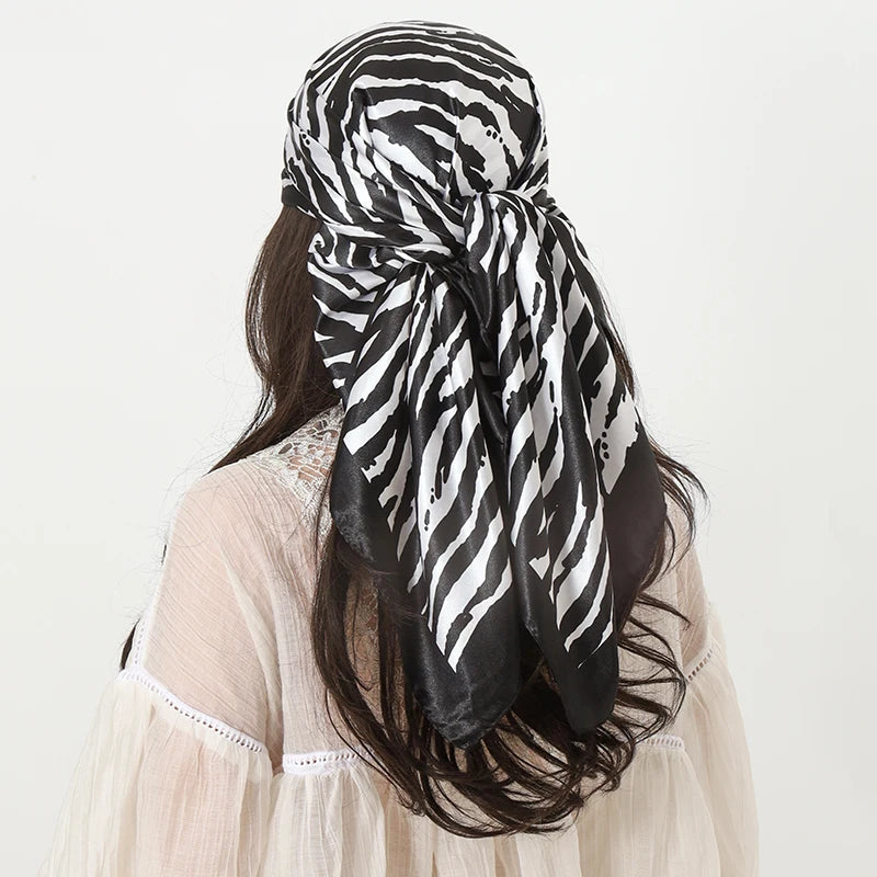 Black 90*90cm Stripe Print Satin Big Square Silk Scarves