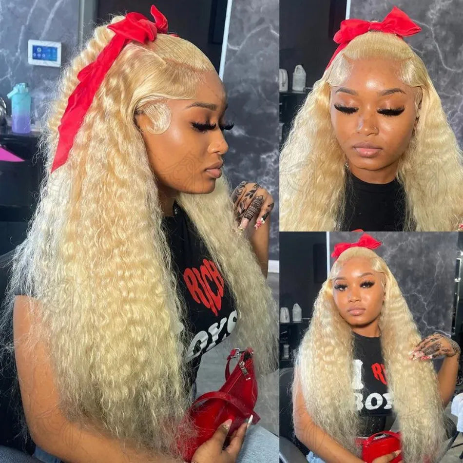 100% Blonde Pre Plucked 40 Inch Curly Lace Front Human Hair Wig
