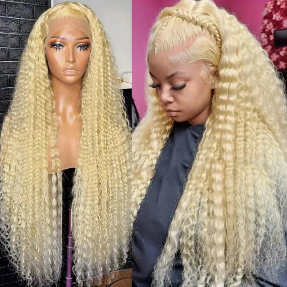 100% Blonde Pre Plucked 40 Inch Curly Lace Front Human Hair Wig