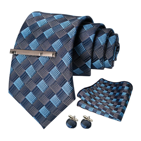 100% Silk Navy Blue Plaid Striped Necktie