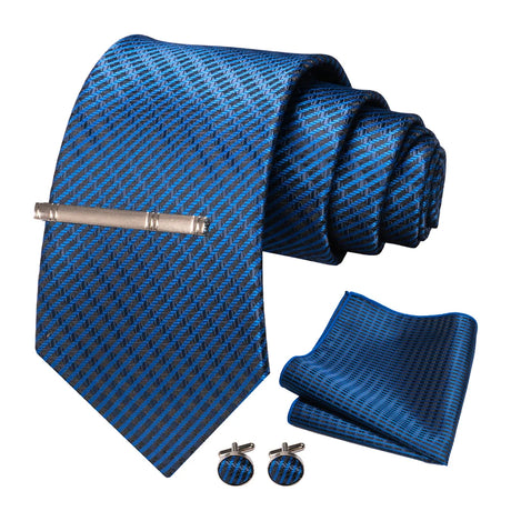 100% Silk Navy Blue Plaid Striped Necktie