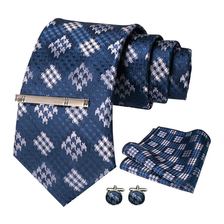 100% Silk Navy Blue Plaid Striped Necktie