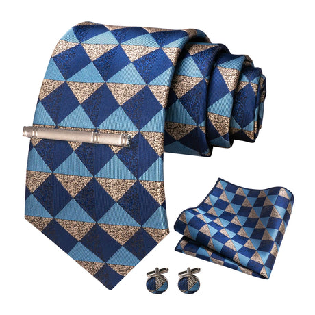 100% Silk Navy Blue Plaid Striped Necktie