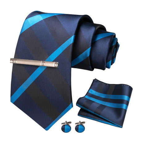 100% Silk Navy Blue Plaid Striped Necktie