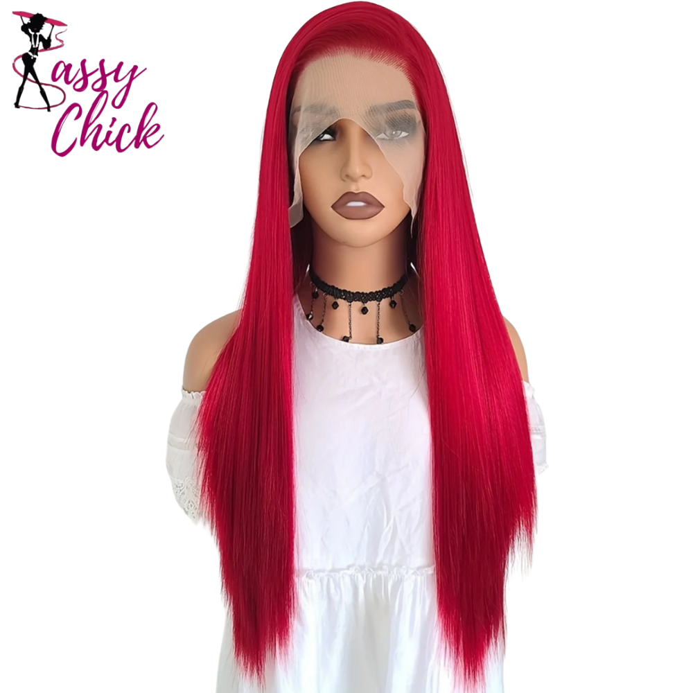 13X4 Burgundy Red Long Straight Synthetic Wig Sassy Chick Logo