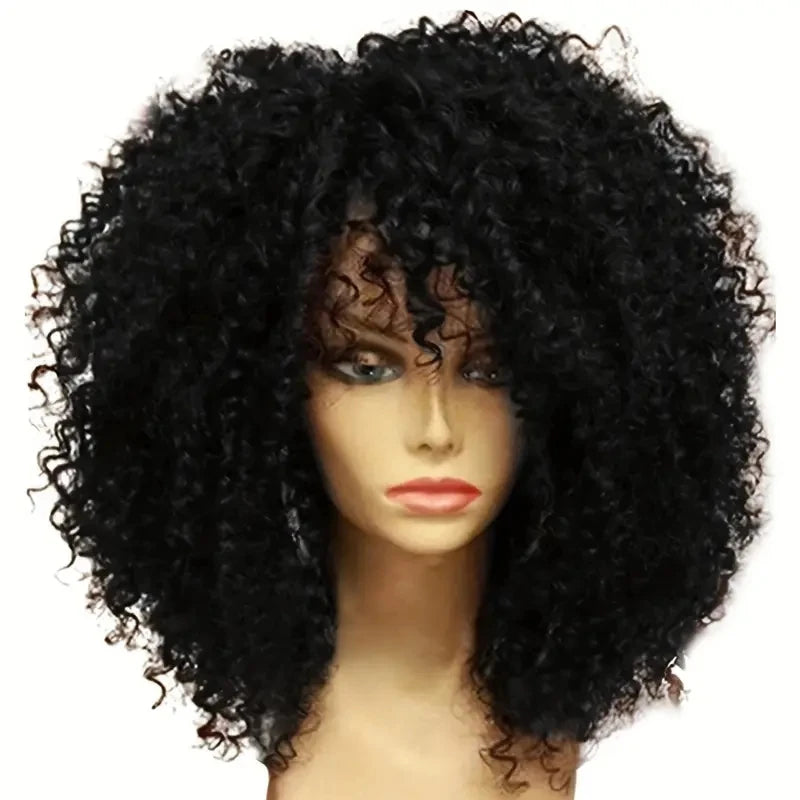 16 Inch Afro Kinky Curly With Bangs Hair Wigs black