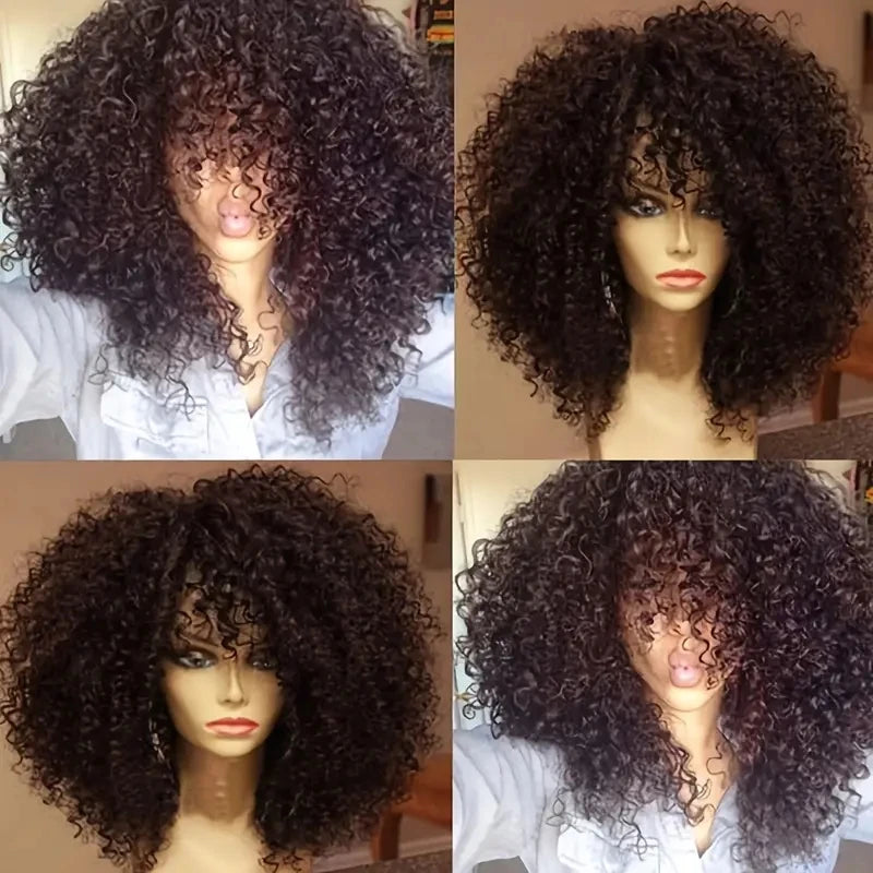 16 Inch Afro Kinky Curly With Bangs Hair Wigs black