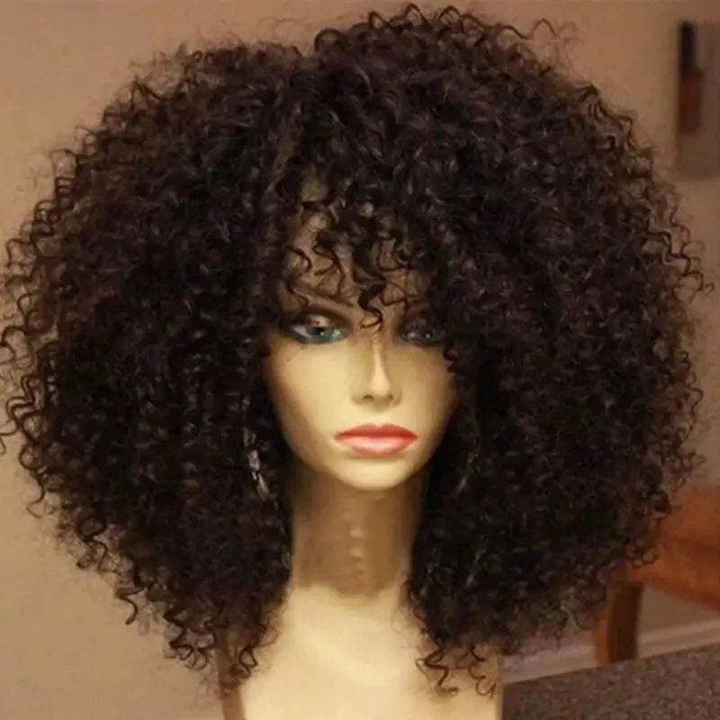 16 Inch Afro Kinky Curly With Bangs Hair Wigs brown