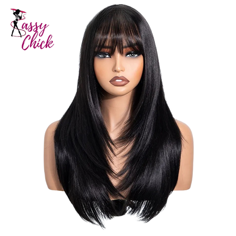 20 Inch Ash Brown Layered Straight Air Bangs Wig Sassy Chick Logo
