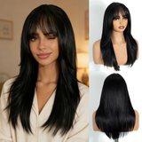 Black 20 Inch Straight Layered Pre-cut Synthetic Lace Front Wig