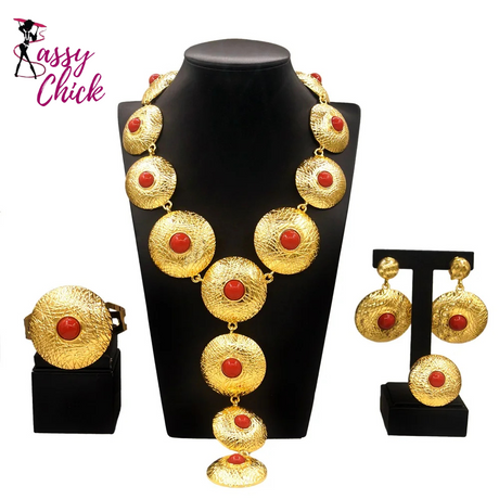 24K Plating Necklace Big Round Pendant Jewelry Set Sassy Chick Logo