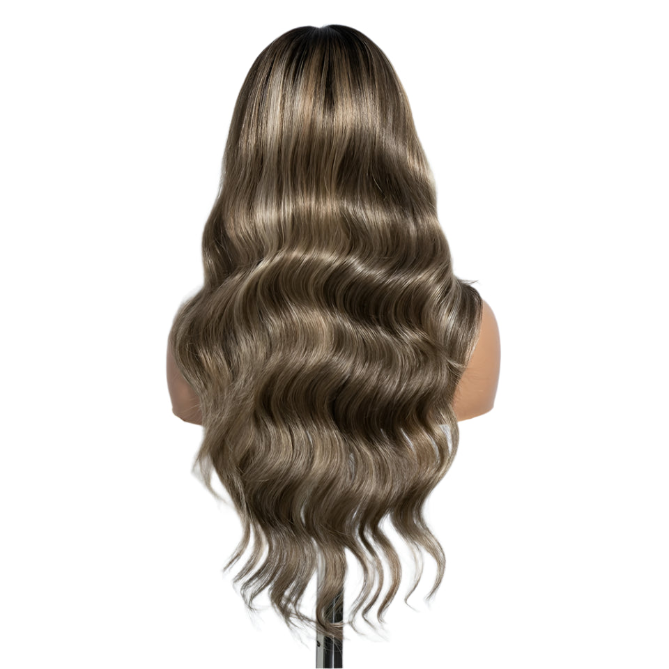 26“ Highlight Honey Brown Body Wave Wig ash brown back