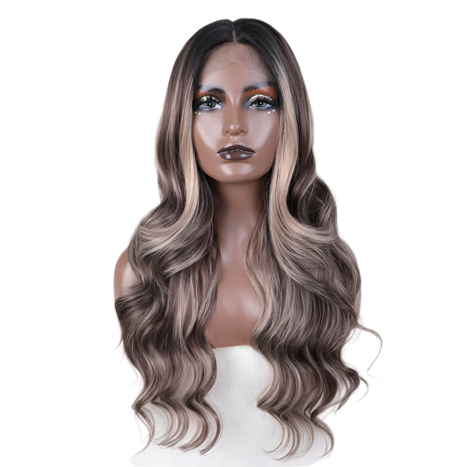 26“ Highlight Honey Brown Body Wave Wig black/ ash grey
