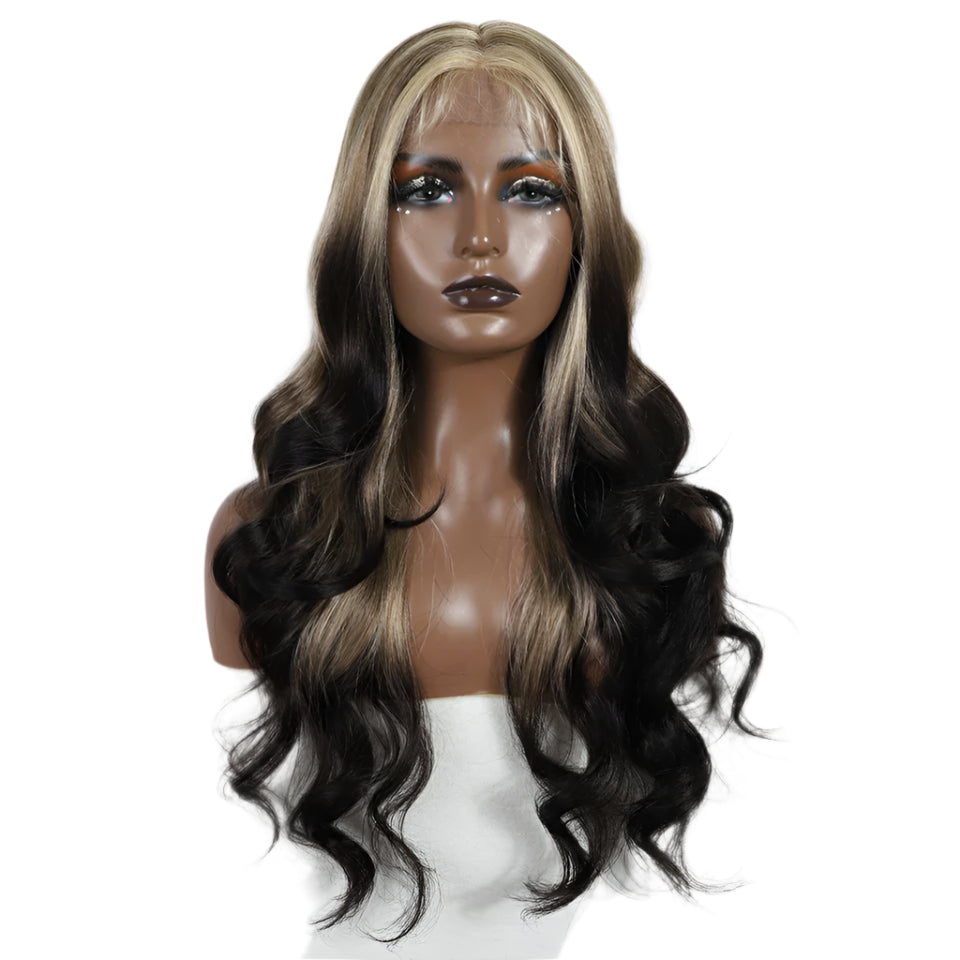 26“ Highlight Honey Brown Body Wave Wig blonde/ black