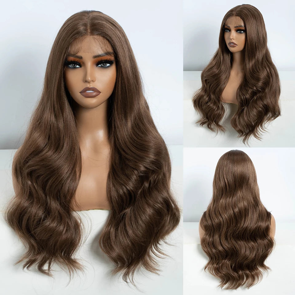 Brown 26 Inch Body Wave Front Lace Synthetic Wigs
