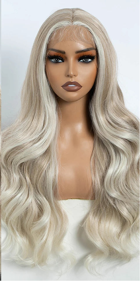 Gray 26 Inch Body Wave Front Lace Synthetic Wigs