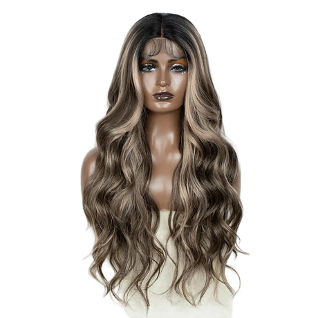 Ash Brown 28 inch Brown Highlight Body Wavy Synthetic Lace Front Wigs
