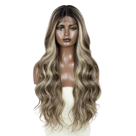 Ash Brown 28 inch Brown Highlight Body Wavy Synthetic Lace Front Wigs