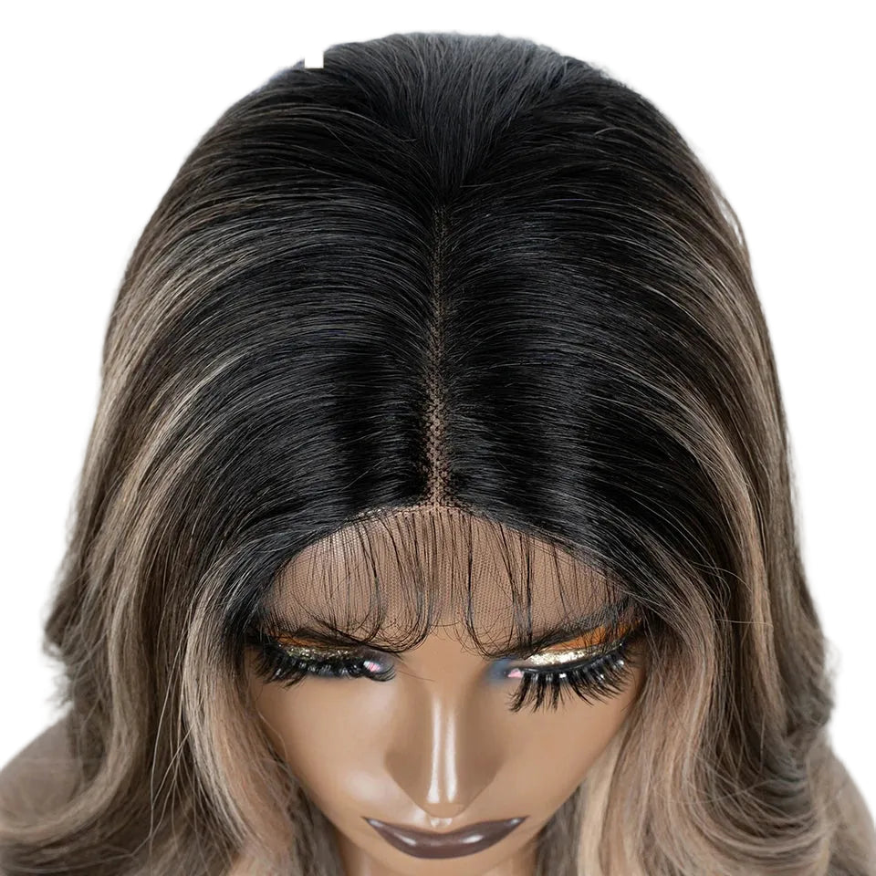 28 inch Brown Highlight Body Wavy Synthetic Lace Front Wigs