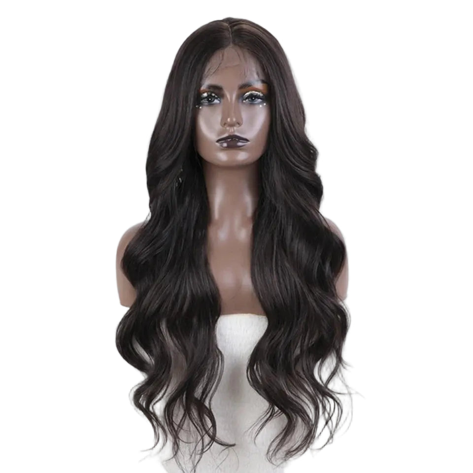 Black 28 inches Body Wave Synthetic Lace Front Wigs